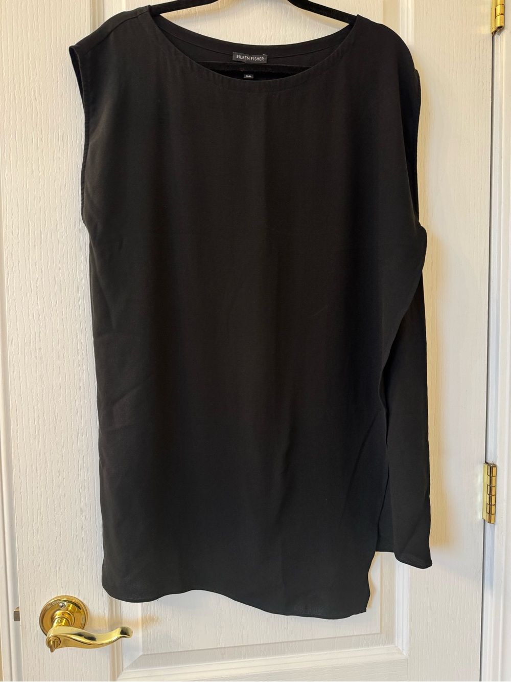Eileen Fisher Black Silk Sleeveless Tunic Top High Low Hem Size Medium